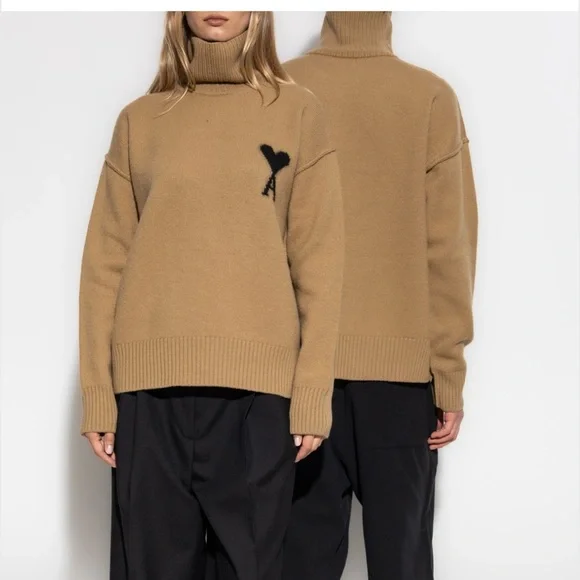 Ami Alexandre Mattiussi Green Turtleneck Sweater with Heart Detail